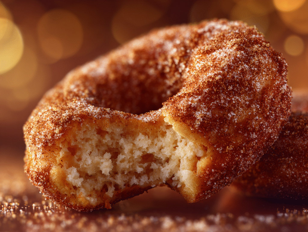 A stack of golden keto cinnamon donuts coated in sugar-free cinnamon topping on a white plate.