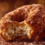 A stack of golden keto cinnamon donuts coated in sugar-free cinnamon topping on a white plate.