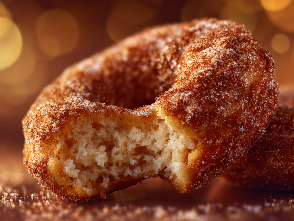 A stack of golden keto cinnamon donuts coated in sugar-free cinnamon topping on a white plate.