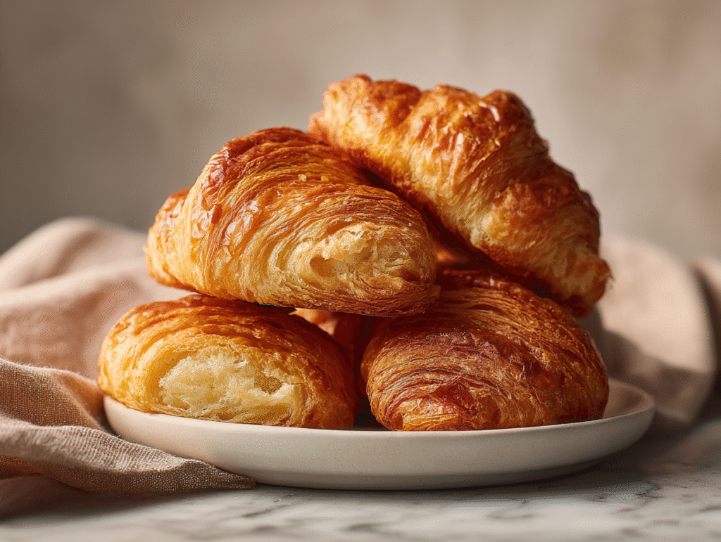 A basket filled with keto croissants with butter and sugar-free jam on the side.