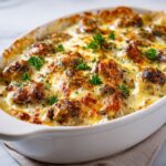 Keto garlic mushroom chicken casserole with creamy garlic sauce and melted cheese