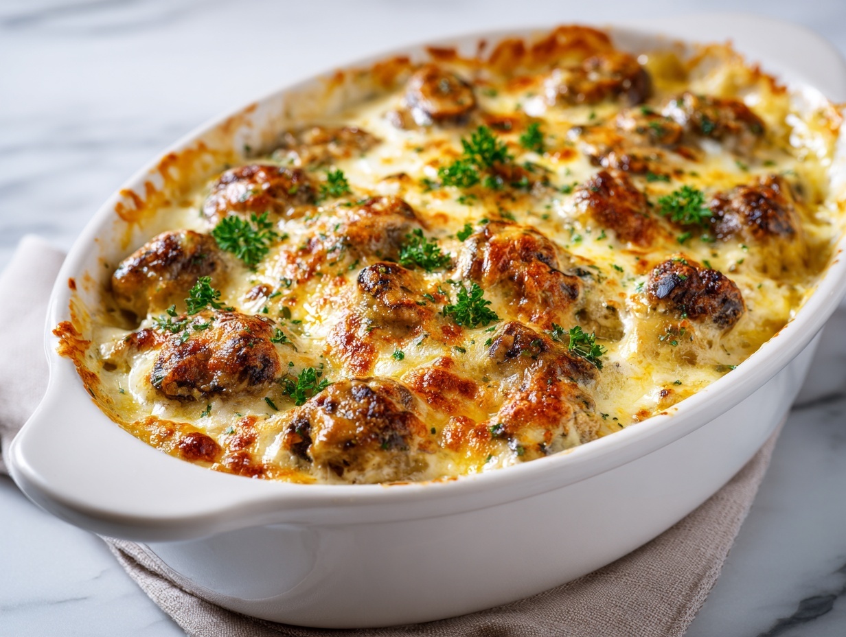 Keto garlic mushroom chicken casserole with creamy garlic sauce and melted cheese