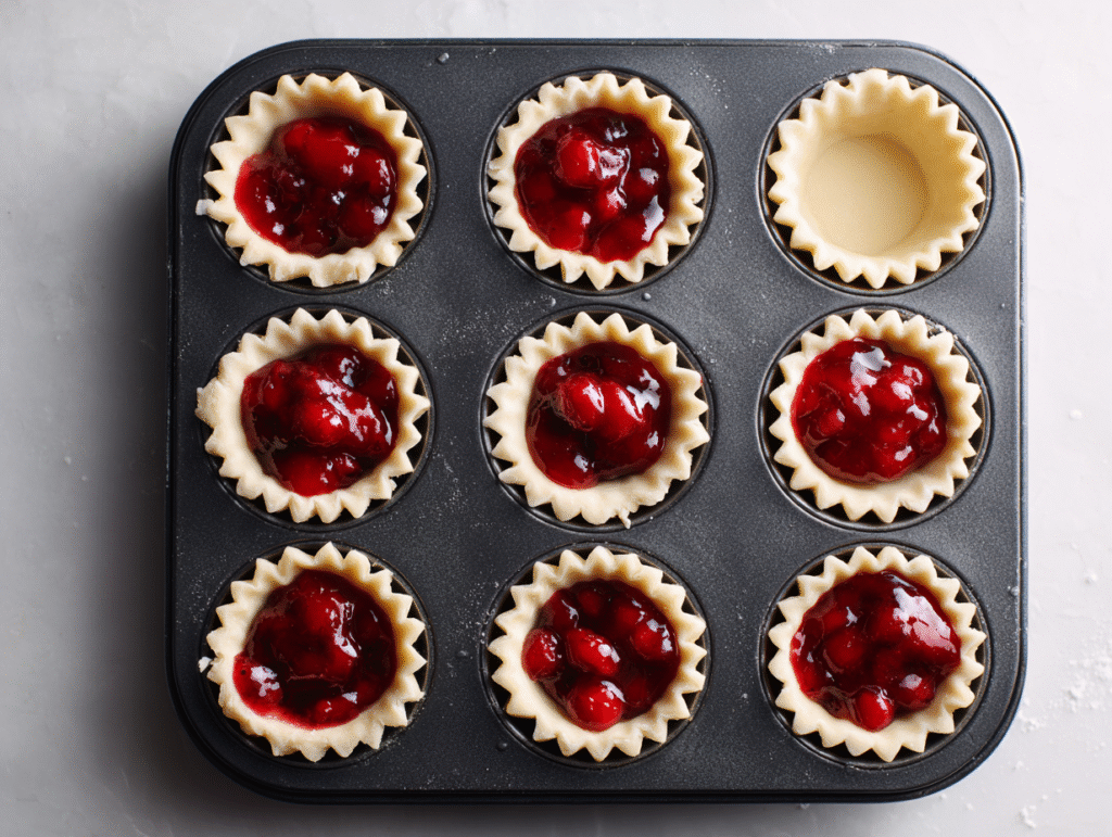 Mini cherry pie preparation with flaky dough shells in a muffin tin, partially filled with cherry pie filling