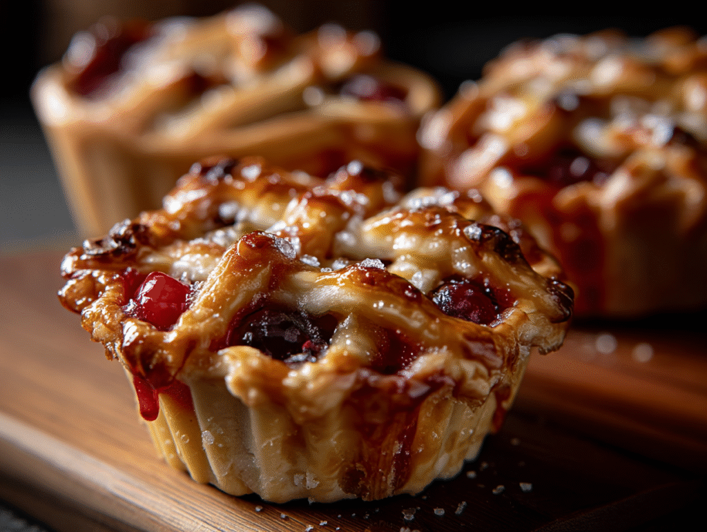 Mini cherry pie with a delicate, flaky crust dusted with sugar