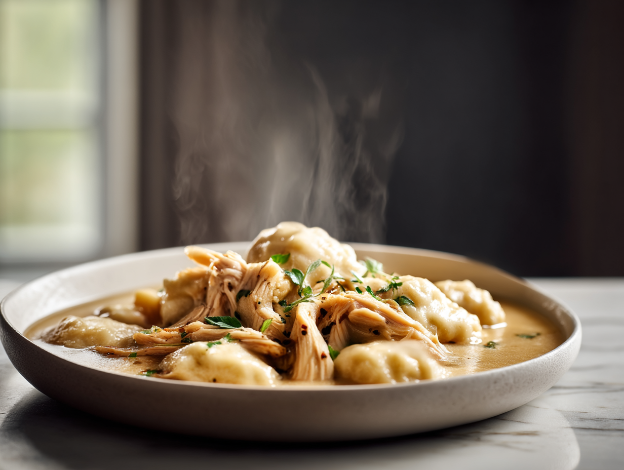 Old fashioned chicken and dumplings with fluffy homemade dumplings and tender chicken