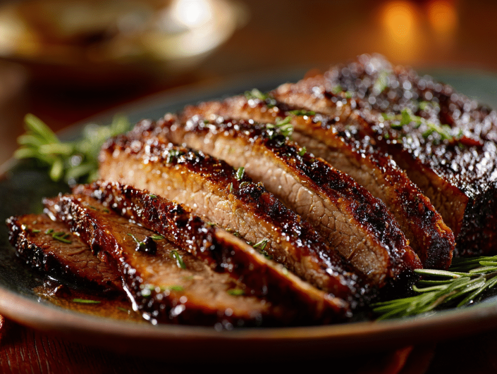 Oven roasted brisket sliced and juicy with savory crust