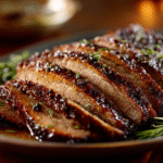Oven roasted brisket sliced and juicy with savory crust