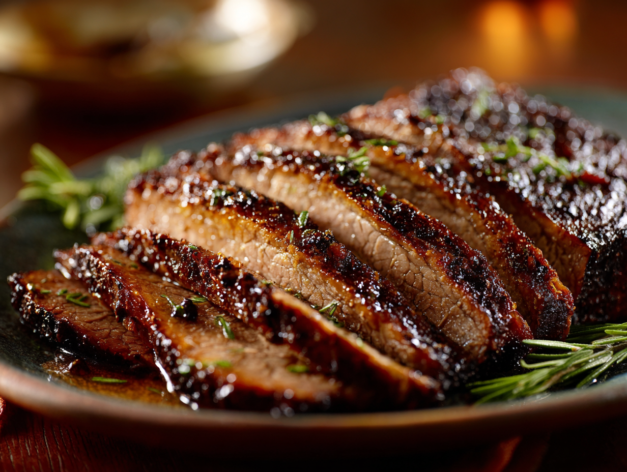 Oven roasted brisket sliced and juicy with savory crust