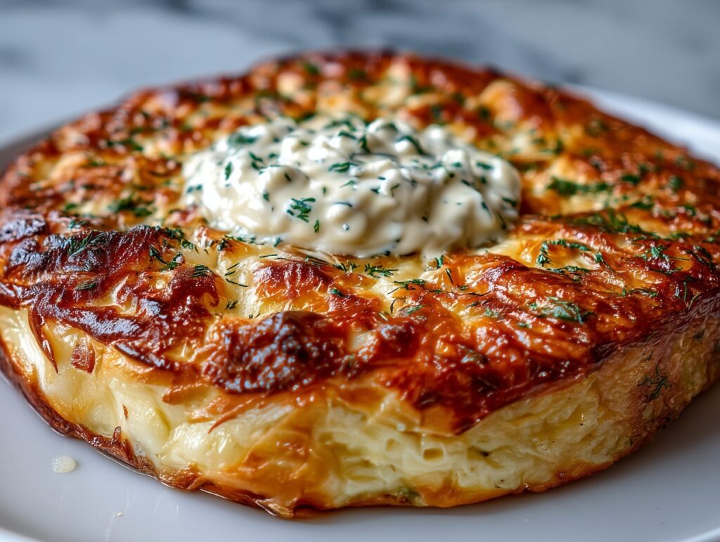 Overhead shot of Khachapuri cheese bread on white marble, soft dough, melted cheese center, Georgian winter baking recipe.