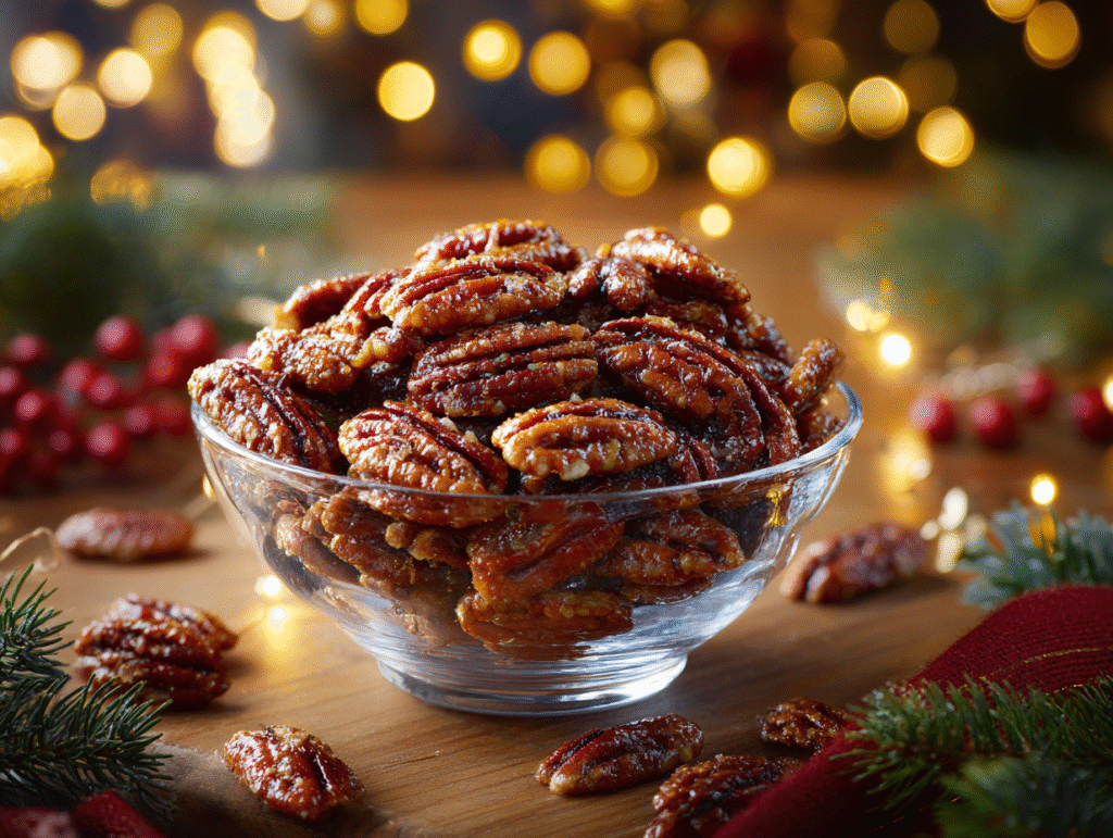 A glass bowl filled with glossy praline-coated pecans surrounded by Christmas lights, evergreen branches, and holiday décor.