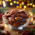 A glass bowl filled with glossy praline-coated pecans surrounded by Christmas lights, evergreen branches, and holiday décor.