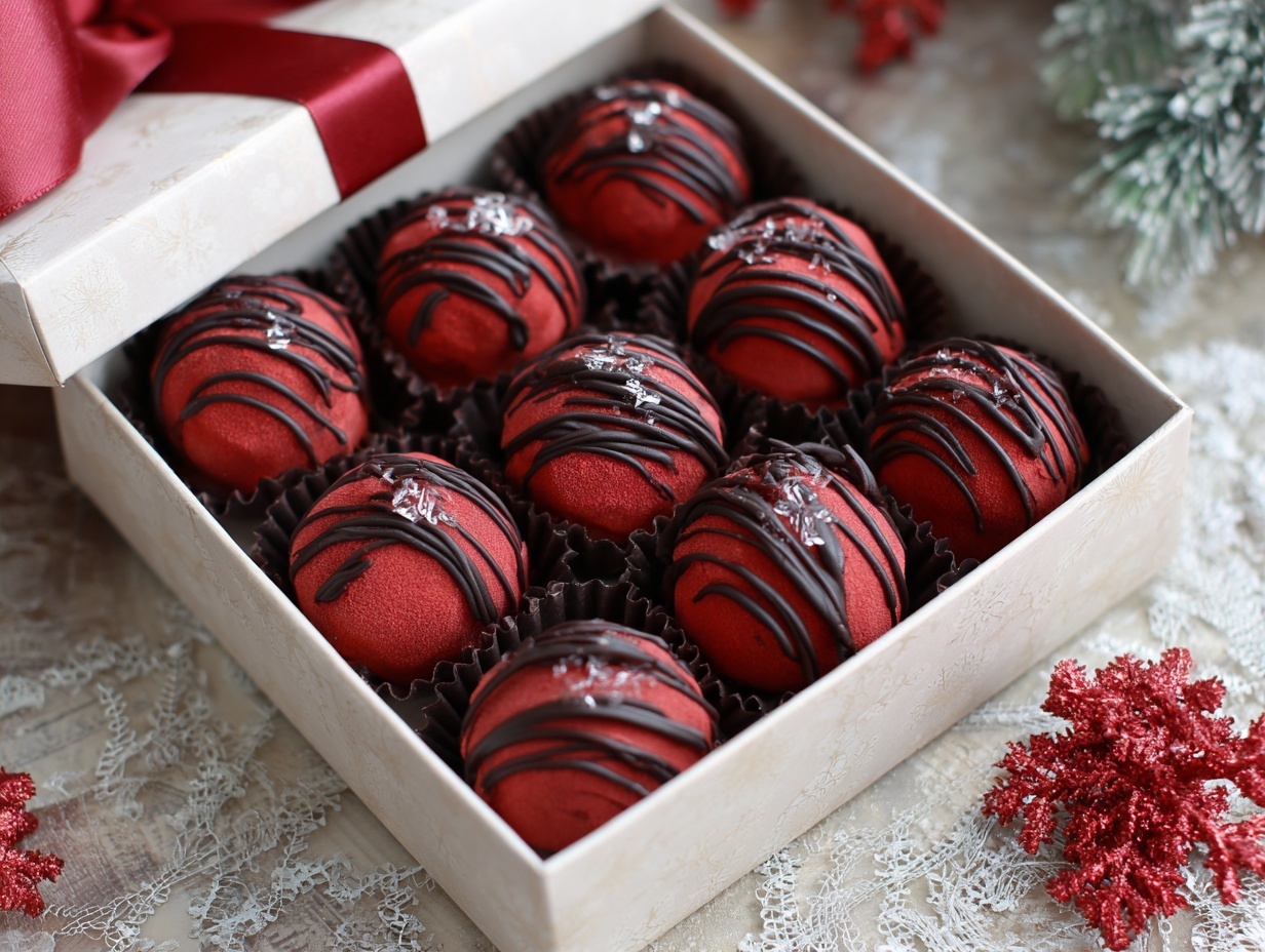 Red velvet truffles with chocolate coating