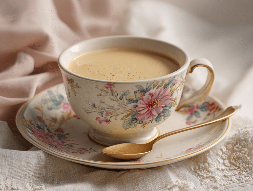Royal milk tea brewed with milk and black tea in a ceramic mug