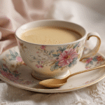 Royal milk tea brewed with milk and black tea in a ceramic mug