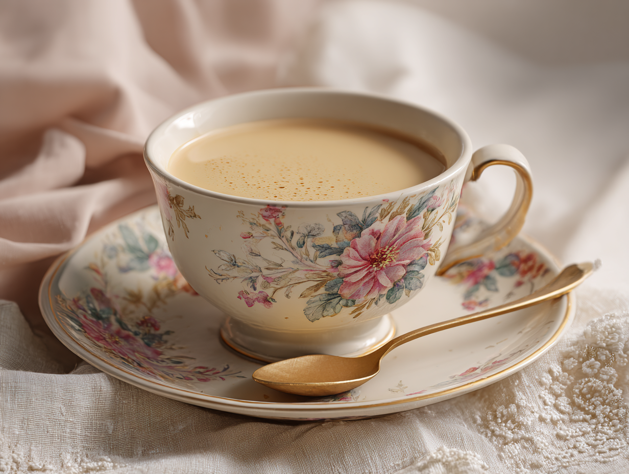 Royal milk tea brewed with milk and black tea in a ceramic mug