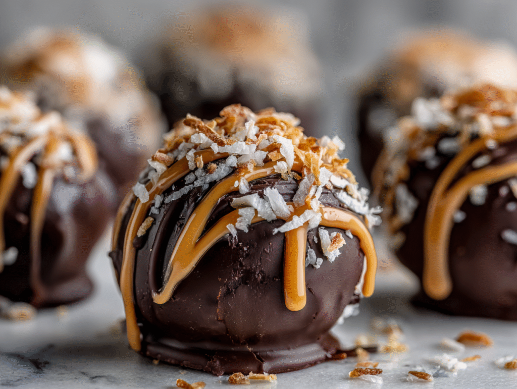 Samoa truffles with toasted coconut, caramel drizzle, and chocolate coating