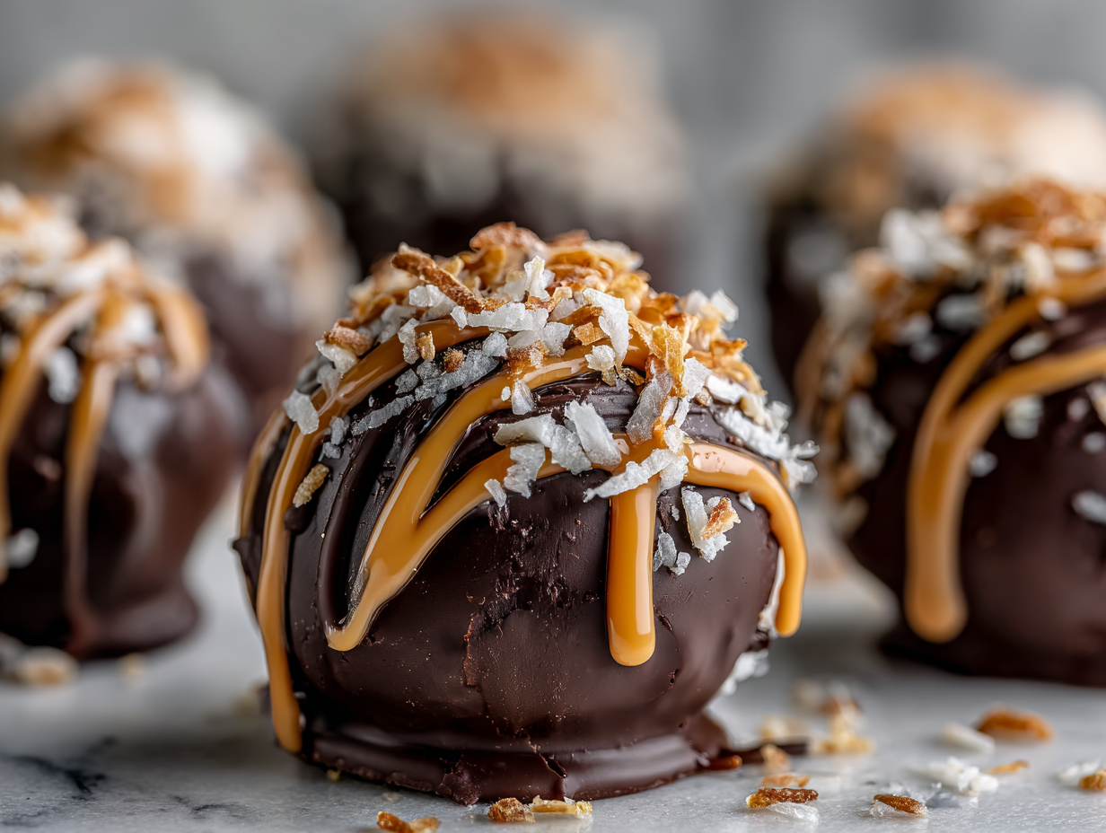 Samoa truffles with toasted coconut, caramel drizzle, and chocolate coating