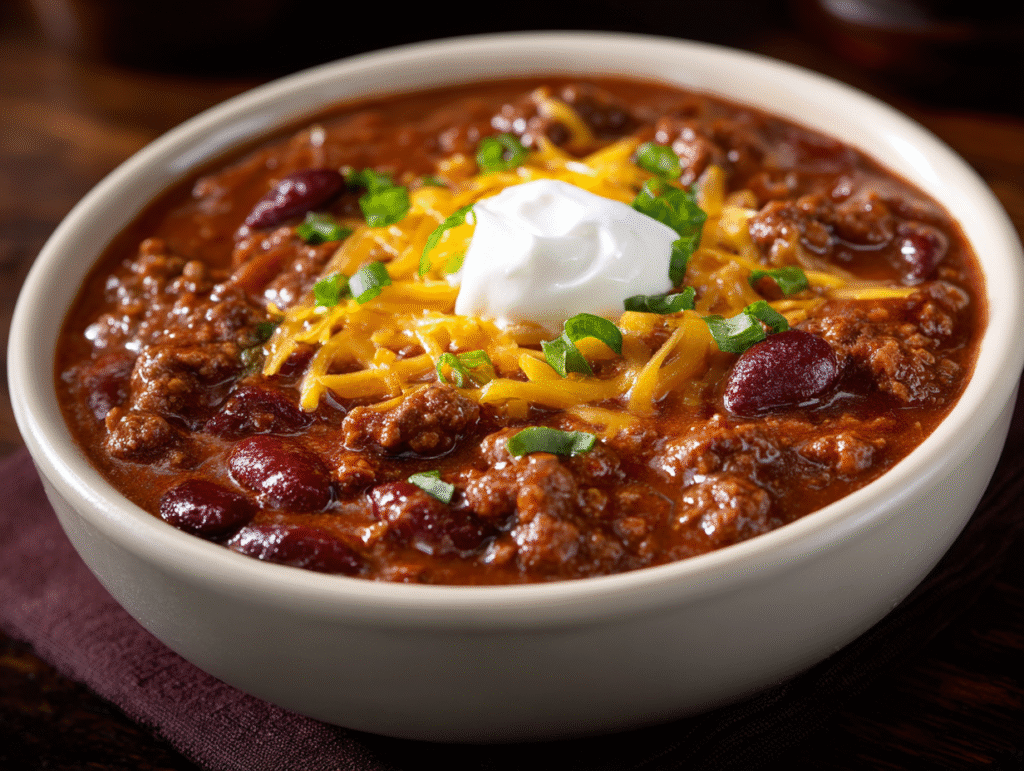The Pioneer Woman Chili served hot with beef, beans, and rich tomato sauce