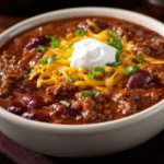 The Pioneer Woman Chili served hot with beef, beans, and rich tomato sauce