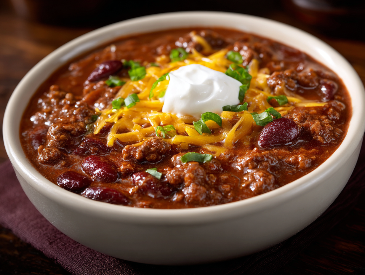 The Pioneer Woman Chili served hot with beef, beans, and rich tomato sauce