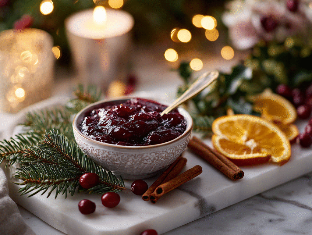 Cranberry sauce simmering in white cast-iron pot with Magnolia holiday styling.