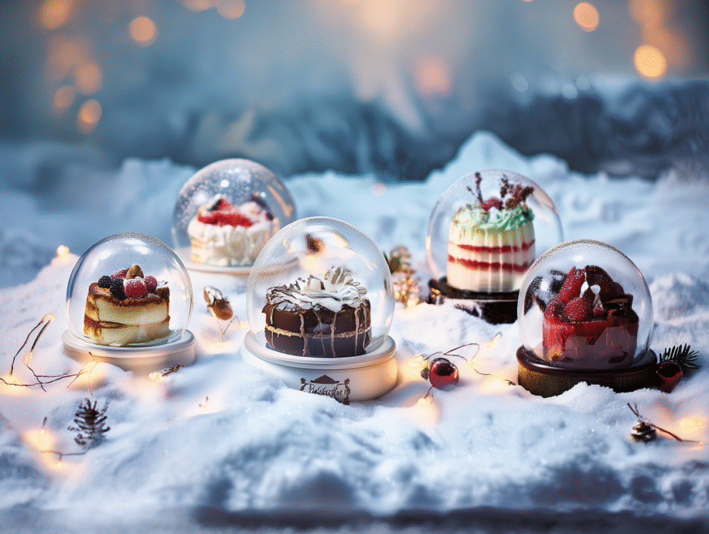 Cozy winter desserts on a white marble background — warm brownie skillet, apple crisp with oats, cinnamon sugar donuts and peanut brittle, styled as cozy comfort dessert for January.