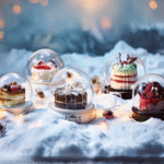 Cozy winter desserts on a white marble background — warm brownie skillet, apple crisp with oats, cinnamon sugar donuts and peanut brittle, styled as cozy comfort dessert for January.