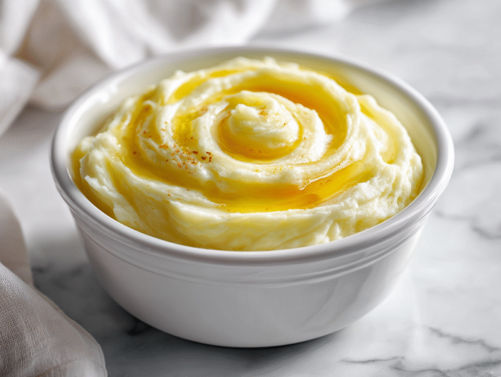 “creamy mashed potatoes recipe with buttery swirl on white marble”