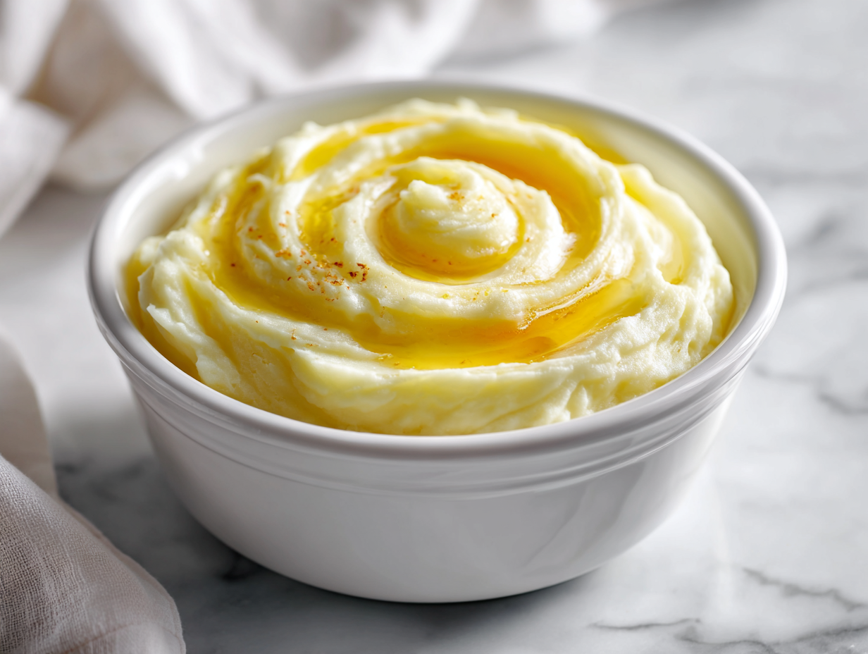 “creamy mashed potatoes recipe with buttery swirl on white marble”