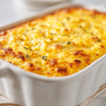 Golden baked Jiffy corn casserole in a white dish on white marble