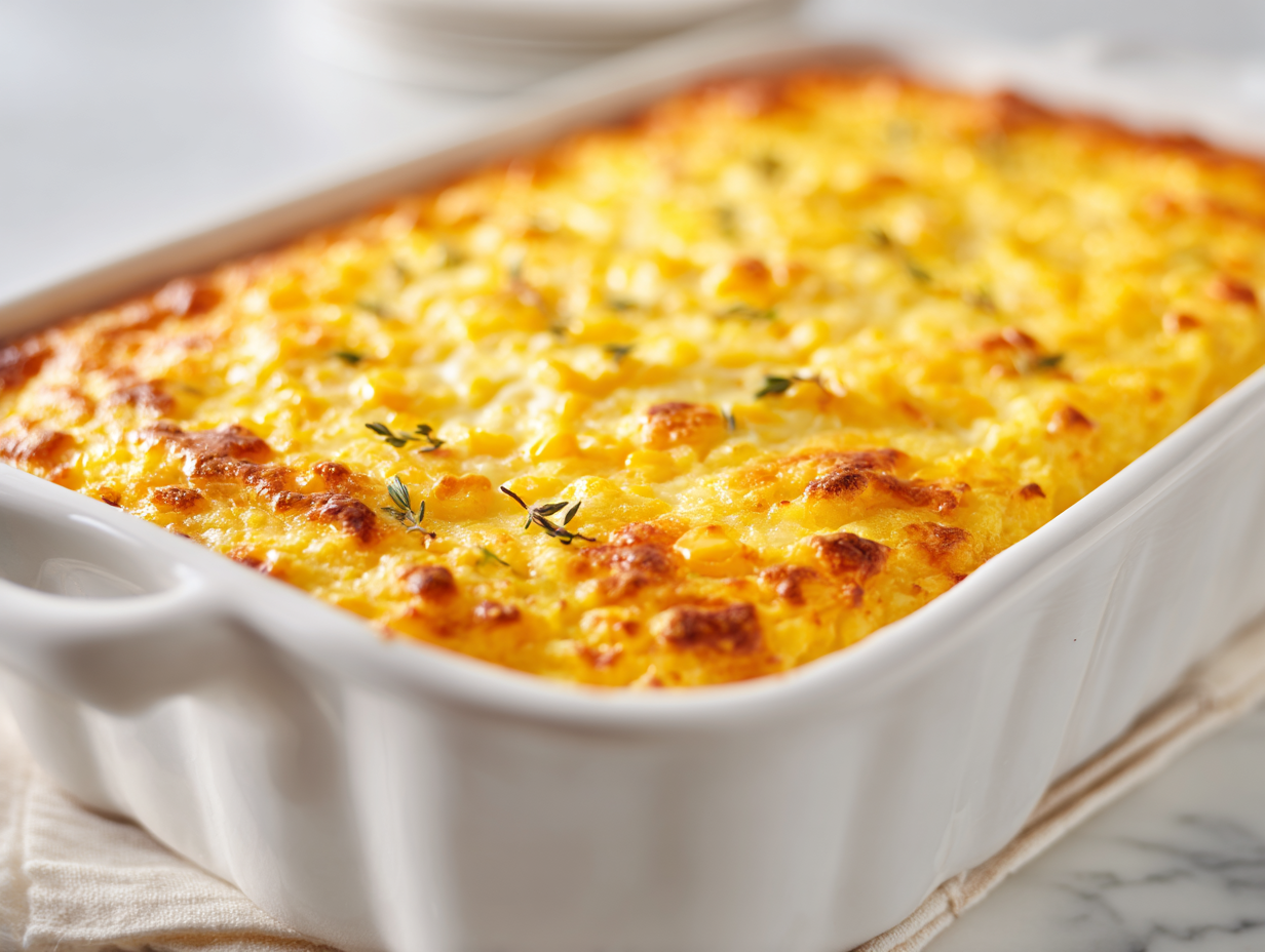 Golden baked Jiffy corn casserole in a white dish on white marble