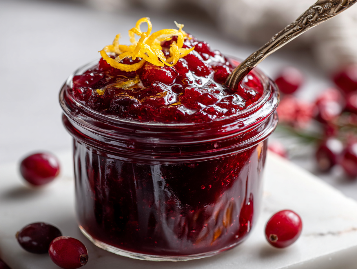 Rustic farmhouse bowl with cranberry sauce and orange zest in Magnolia Christmas style.