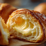 A stack of golden low carb croissants on a white plate showing flaky layers and soft crumb.