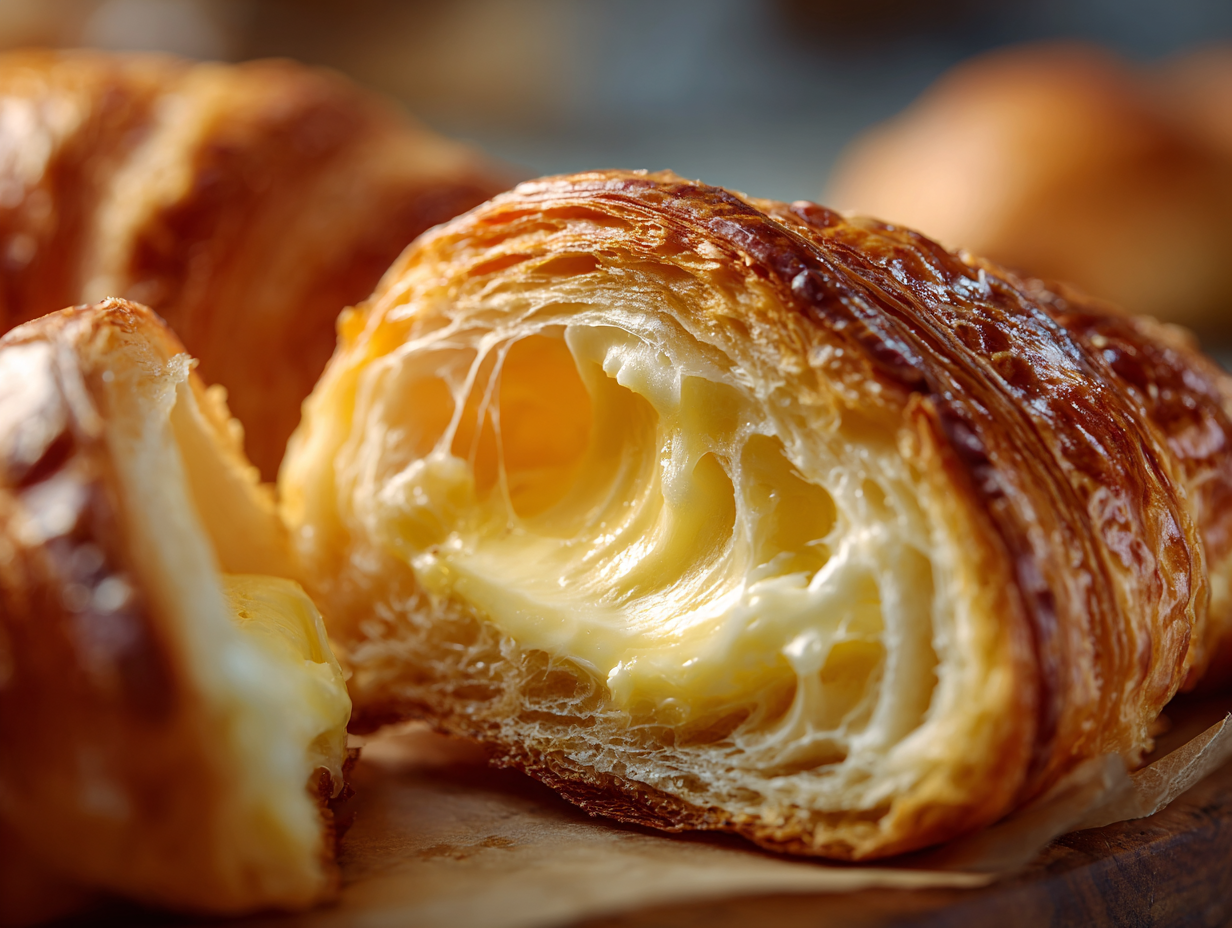 A stack of golden low carb croissants on a white plate showing flaky layers and soft crumb.