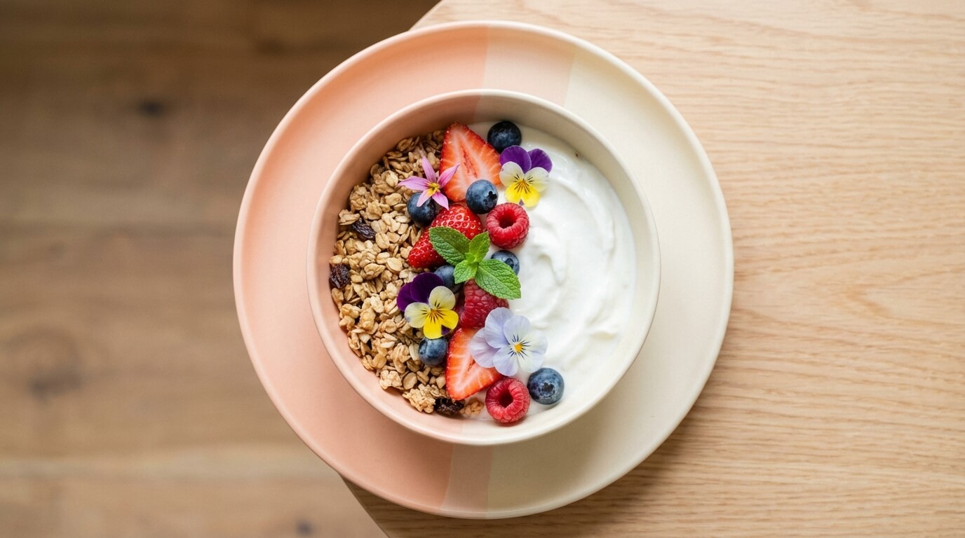aesthetic healthy breakfast bowl with yogurt and fresh fruit