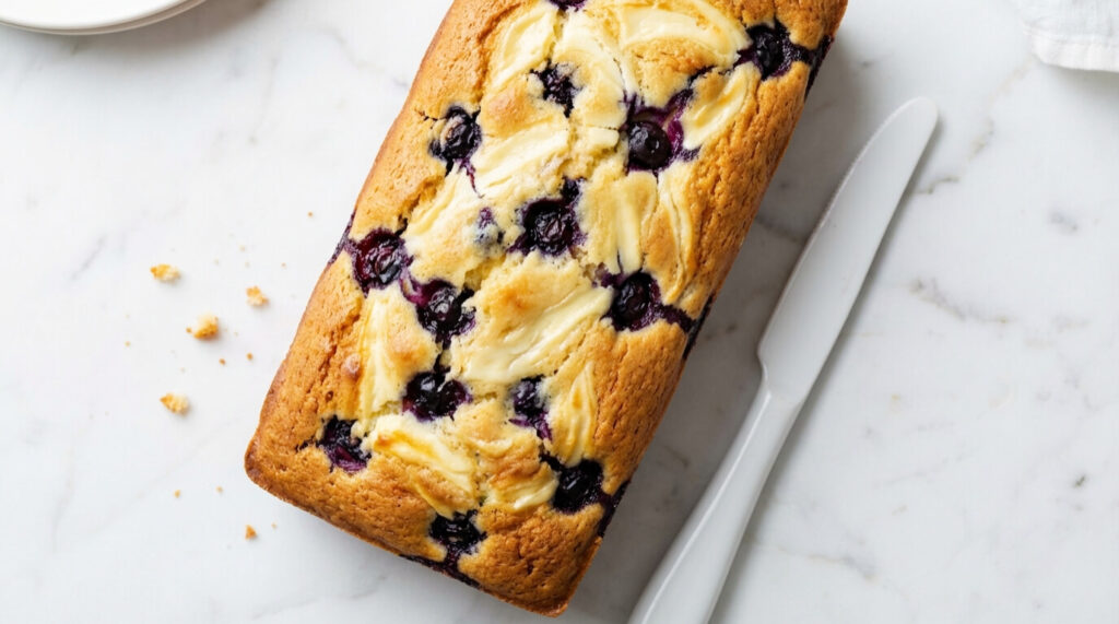 Blueberry cream cheese loaf with a rich cream cheese layer and fresh blueberries