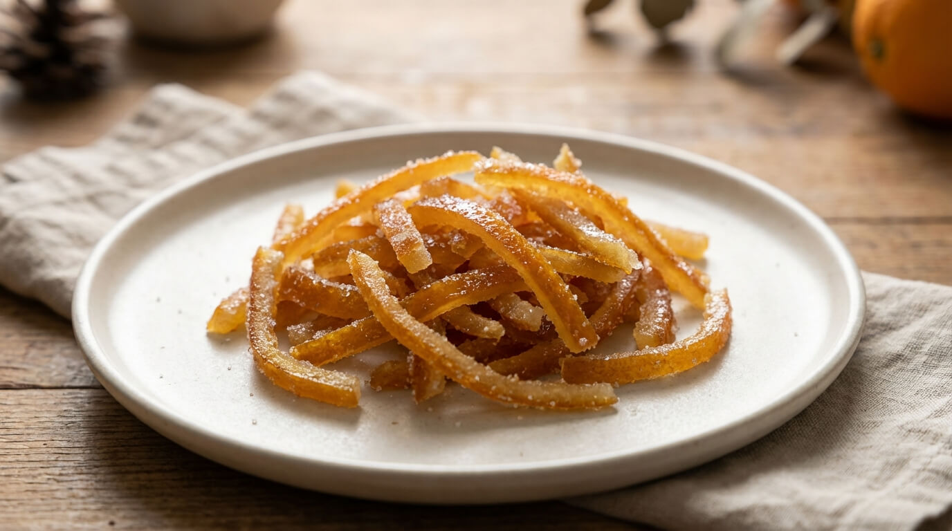 Candied orange peel recipe with glossy sugar-coated orange strips
