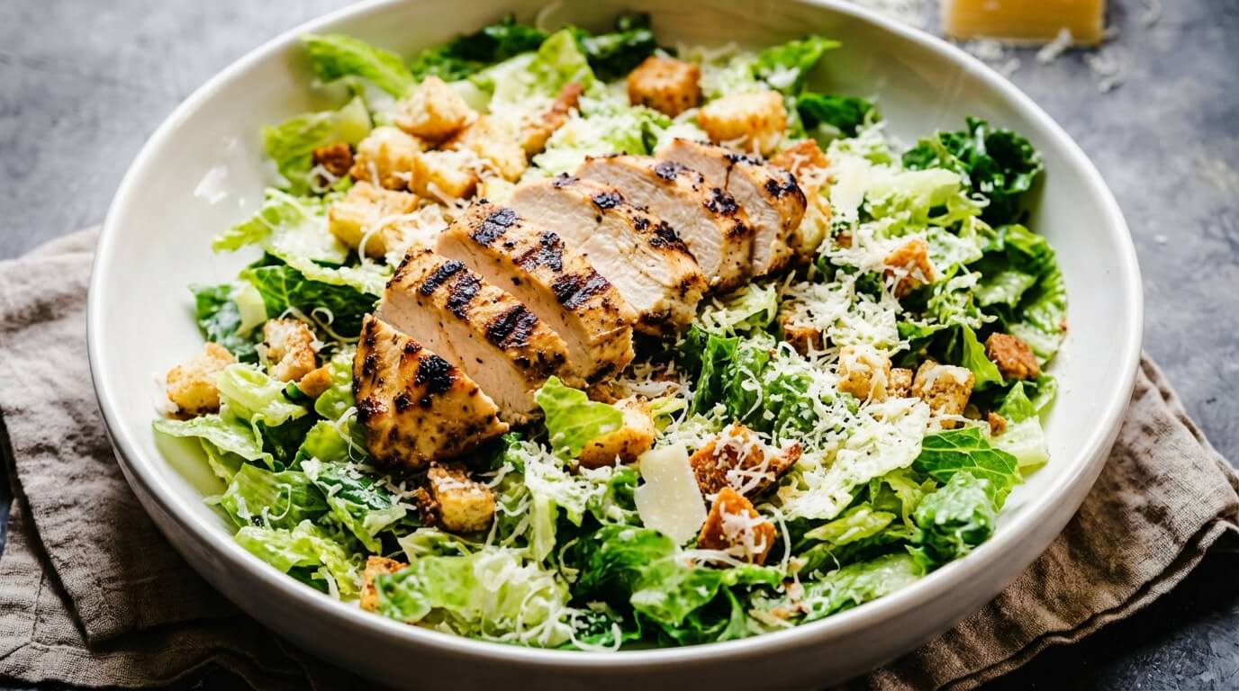 Ceaser salad ideas with romaine lettuce, grilled chicken, and Parmesan