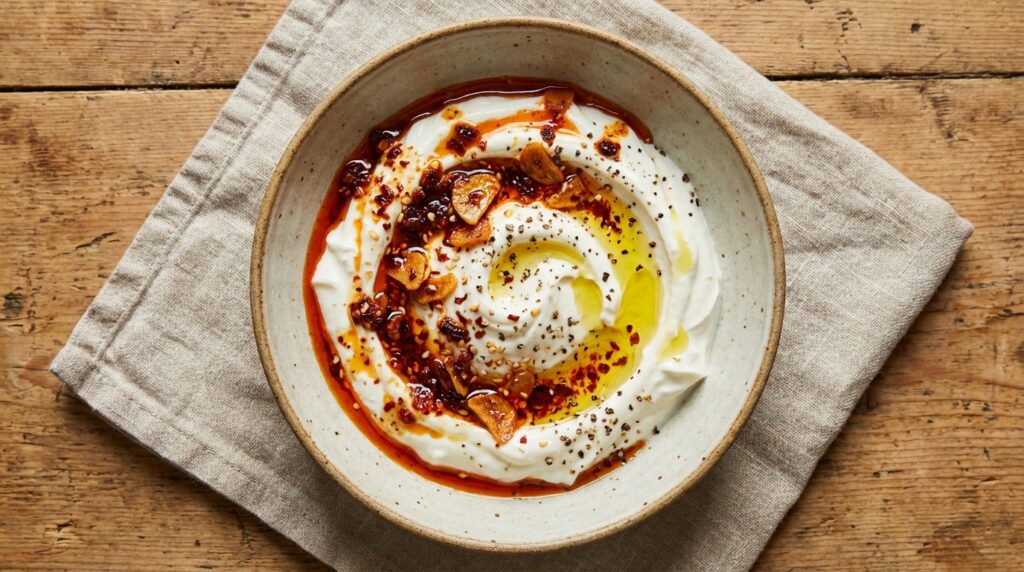 Chili crisp Greek yogurt dip with chili oil swirl