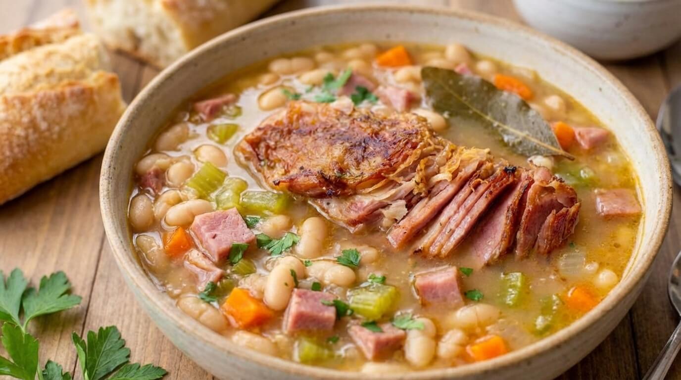 Classic ham and bean soup with tender beans and smoky ham