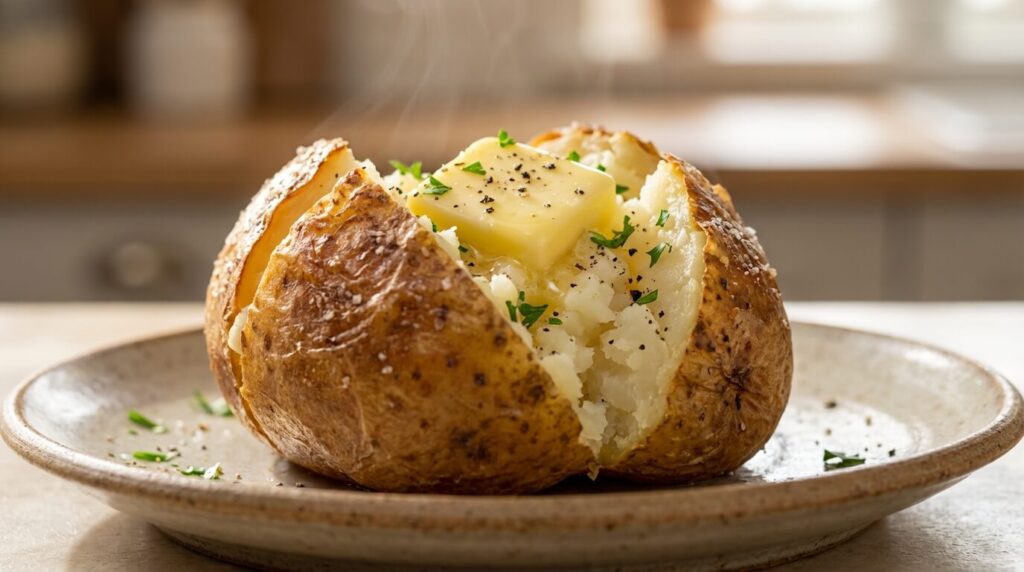 Jacket potato with crispy skin and fluffy inside on a ceramic plate