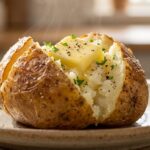 Jacket potato with crispy skin and fluffy inside on a ceramic plate