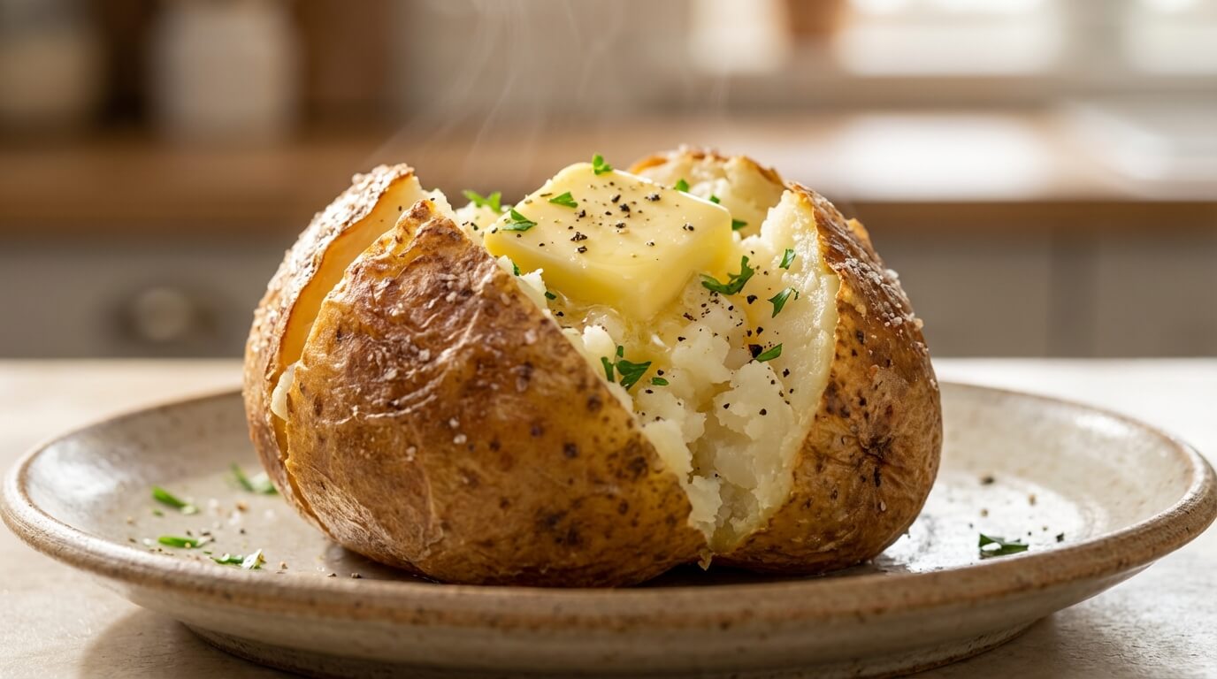 Jacket potato with crispy skin and fluffy inside on a ceramic plate