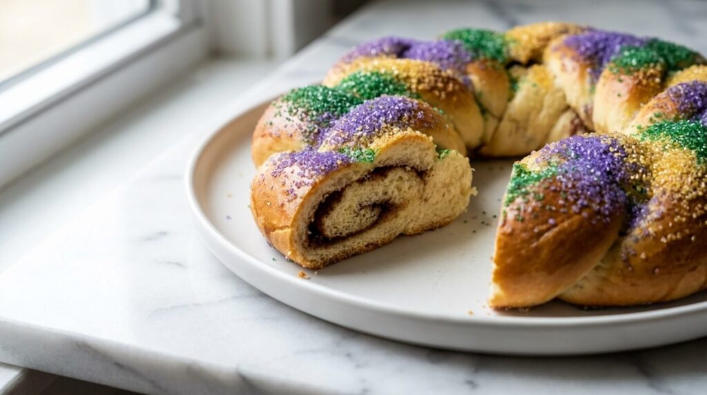 King cake with cinnamon filling and Mardi Gras sugar topping