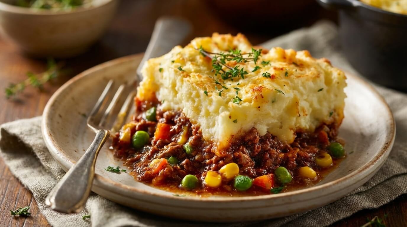 Shepherd's pie recipe with creamy mashed potatoes and savory meat filling