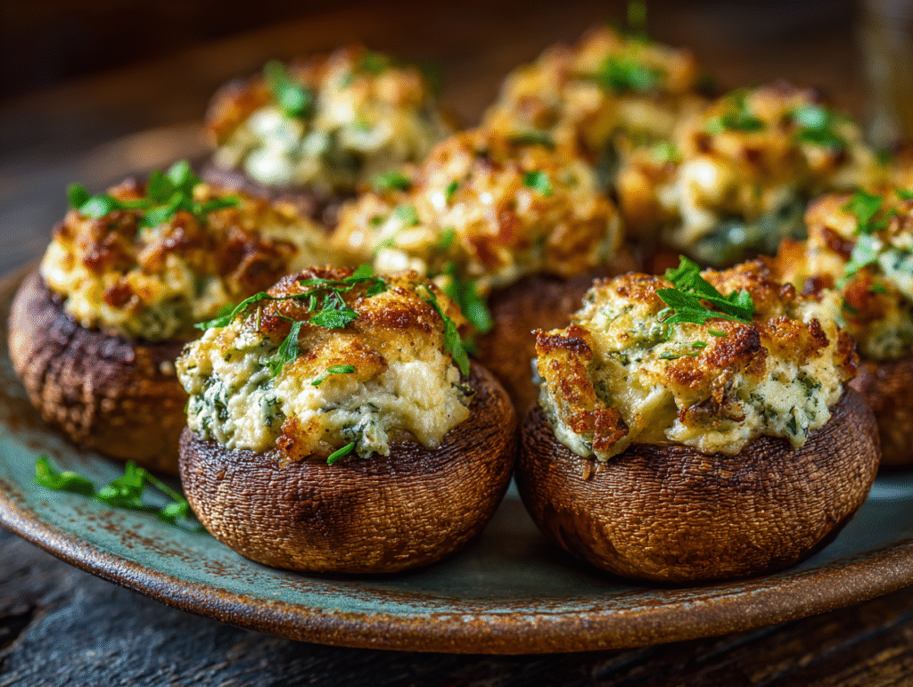 Crab stuffed mushrooms with golden breadcrumb topping baked until crispy