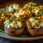 Crab stuffed mushrooms with golden breadcrumb topping baked until crispy