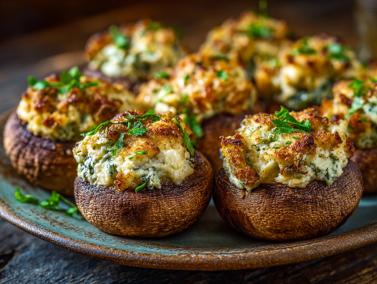 Crab stuffed mushrooms with golden breadcrumb topping baked until crispy