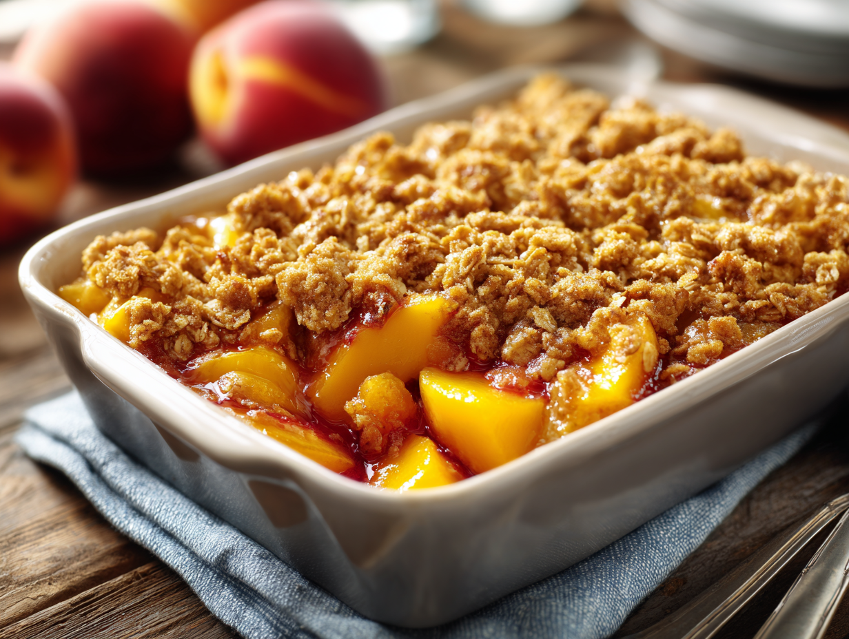 Daniel Fast dessert peach cobbler with baked peaches and oat topping