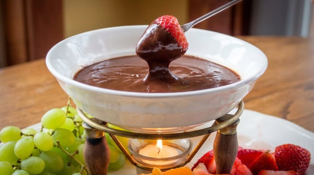 Easy chocolate fondue board with fruit, marshmallows, and pretzels